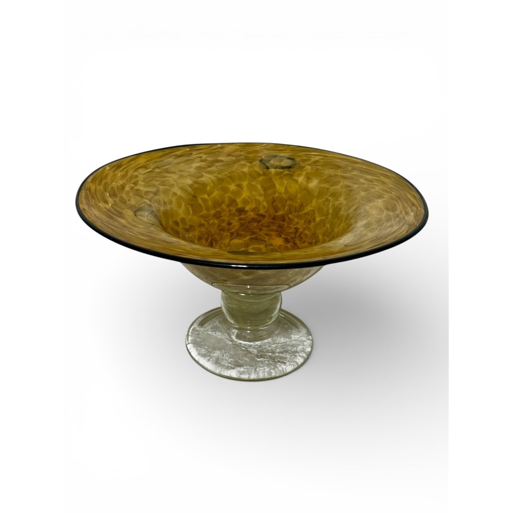 Amber Swirl Bowl Cleat Pedestal Dark Rim Glass Decorative Trinket Dish 6" Tall